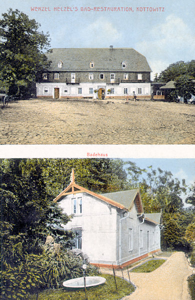 Na pohlednici z počátku 20. století vidíme nahoře výstavný hostinec Wenzela Helzela a pod ním menší lázeňský dům, ve kterém bývaly vanové koupele.