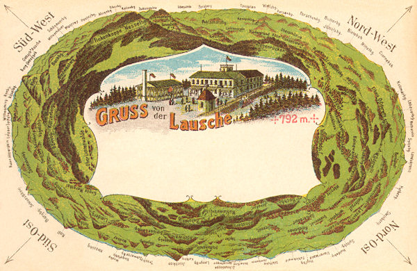 Tato pohlednice s bývalým hostincem na Luži představuje kruhový výhled z vrcholu hory.