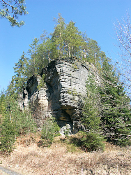 Ein Sandstein-Felsvorsprung im Tale der Kamenice (Kamnitzbach) unweit von Mlýny (Hillemühl).