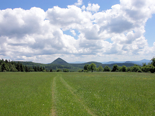 Blick vom begrasten Gipfel des Polevský vrch (Blottendorfer Berg) in Richtung zum Klíč (Kleis).