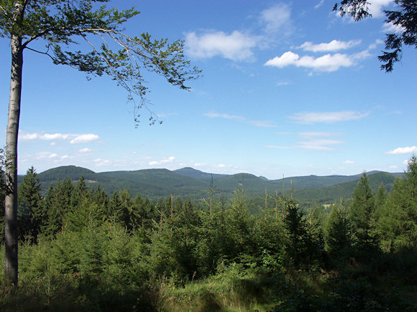 Pohled ze svahu Medvědí hůrky přes široké údolí Kamenice k Jedlové.