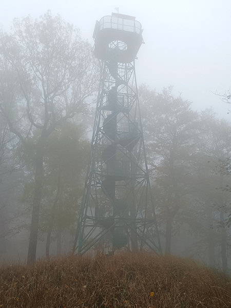 Der renovierte Aussichtsturm auf dem Studenec (Kaltenberg) im Nebel.