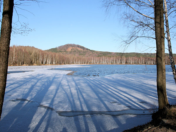 Schatten auf den zugefrorenen Radvanecký rybník (Brettteich, Schwalbensee).