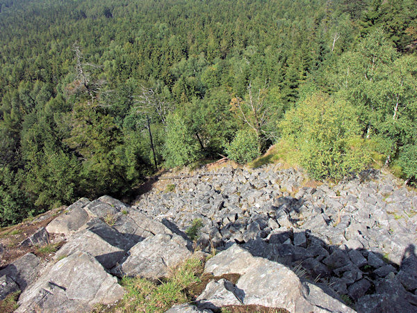 Blick vom Gipfel des Malý Stožec über seine Schuttfelder auf die Wälder in der Umgebung.
