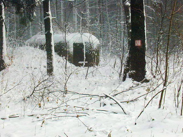 Pohled na zasněžený prvosledový řopík L1/53/A160 u Horního Sedla.