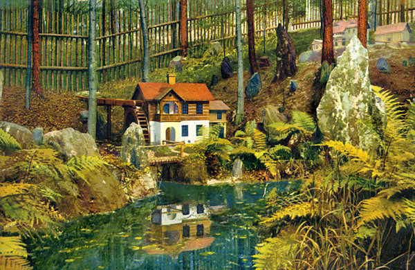 Diese Ansichtskarte von 1918 zeigt einen kleinen Ausschnitt des Miniaturdörfchens 'Brandmühle' im Waldpark unterhalb der Jehla (Nolde).