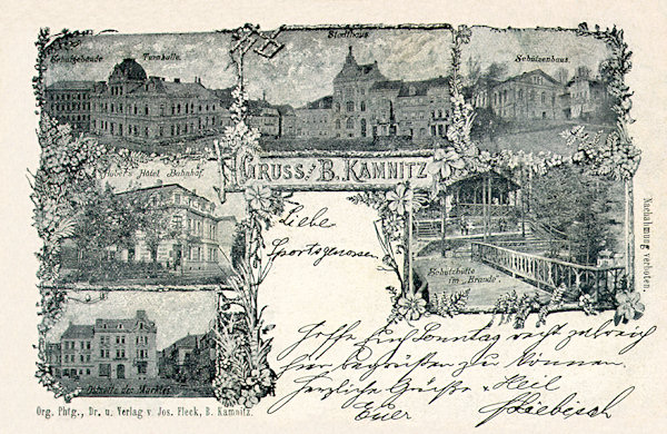 Na pohlednici České Kamenice z roku 1898 je uprostřed zobrazena část náměstí s kašnou, vlevo shora je tělocvična, hotel u nádraží a východní strana náměstí, zatímco po pravé straně je bývalá střelnice a altánek v lese pod Jehlou.