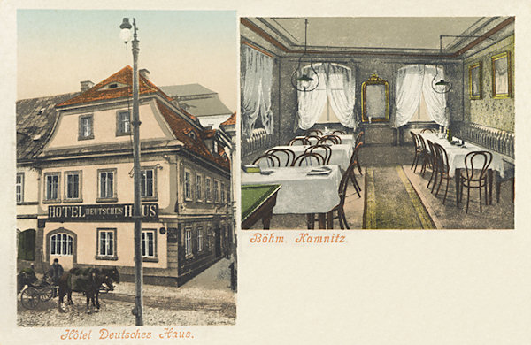 Tato pohlednice zachycuje bývalý hostinec „Německý dům“ na tehdejším Hrnčířském trhu.