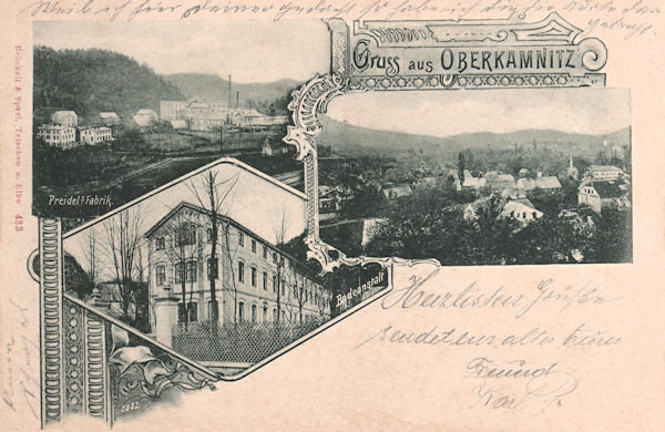 Pohlednice Horní Kamenice z roku 1910 zachycuje na dolním obrázku také budovu městských lázní v ulici Dukelských hrdinů. Pozdější přestavby ji ale změnily k nepoznání.
