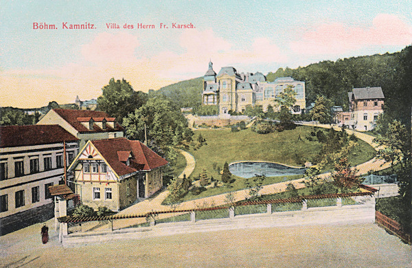 Na pohlednici z roku 1908 vidíme bývalou Karschovu vilu s velkou zahradou.