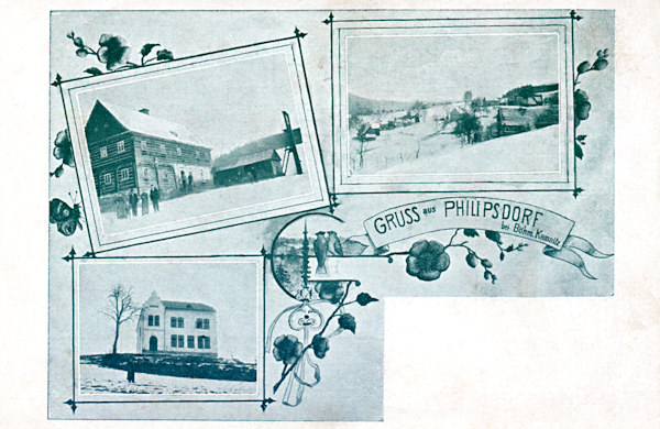 Tato pohlednice zachycuje osadu Filipov s jedním z typických roubených domů. Na dolním obrázku je dodnes stojící budova bývalé školy.