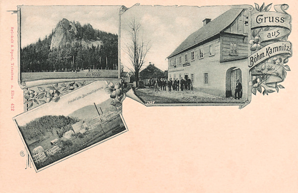 Na litografii z roku 1902 jsou kromě skalního ostrohu Jehly také dva záběry Horní Kamenice. Vpravo je bývalý zájezdní hostinec „Zum Stiefel“ u silnice do Chřibské a vlevo dole vidíme Preidelovu přádelnu bavlny.