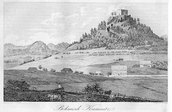 Romantická kresba z 1. poloviny 19. století zachycuje zříceniny Kamenického hradu na Zámeckém vrchu.