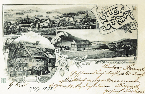 Na této pohlednici z roku 1898 jsou dva záběry horní a dolní části obce s detailem bývalého Krombholzova hostince.