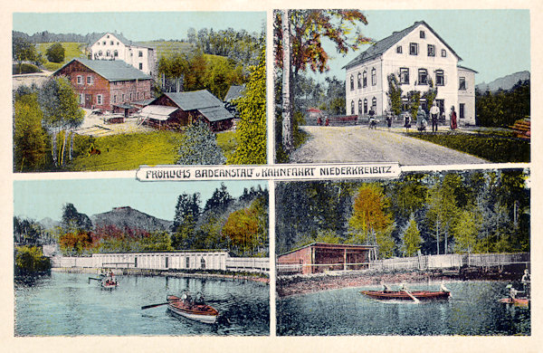 Na této pohlednici vidíme bývalý Fröhlichův hostinec s koupalištěm a půjčovnou loděk.