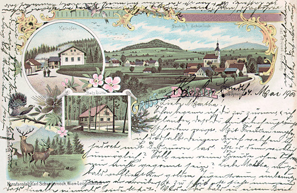 This lithography from the end of the 19th century shows the centre of the village with the Church of the Assumption of the Virgin Mary and the peak of the Spravedlnost-hill in the background. The small pictures on the left side show the nearby single house called „Vápenka“ (Lime kiln) and belowit the gamekeeper's lodge „Na Tokáni“.