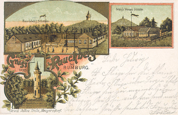 Na litografii ze začátku 20. století vidíme rozhlednu na Dymníku a dva výletní hostince pod vrcholem. Obrázek vlevo zachycuje bývalou chatu „Rauchbergschänke“ a vpravo je dodnes fungující restaurace rumburského Horského spolku.