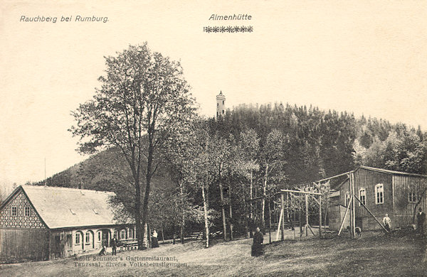 Pohlednice z doby kolem 1. světové války zachycuje Dymník s rozhlednou a hostincem „Almenhütte“, který se dříve nazýval „Rauchbergschänke“.