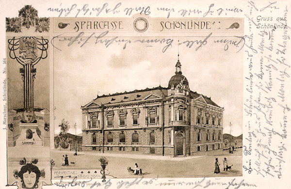 Pohlednice z roku 1903 představuje novorenesanční budovu bývalé spořitelny, postavenou v letech 1899-1900 u silnice do Rumburka. Dnes v ní sídlí městský úřad a pošta.
