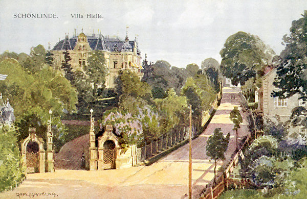 Malovaná pohlednice od Romana Havelky zachycuje ulici do Chřibské s výstavnou novorenesanční vilou Alžběty Hielle-Dittrichové, postavenou v letech 1885-1887. Ve 2. polovině 20. století přestala být vila udržovaná a teprve po roce 2002 se dočkala rekonstrukce.