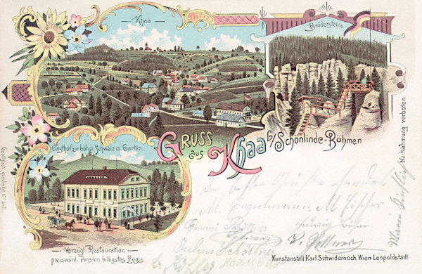 Na litografii z roku 1901 vidíme Kyjov s hostincem „U Českého Švýcarska“, který zanikl po požáru v roce 1992. Obrázek vpravo zachycuje vyhlídku na Bratrských kamenech v Kyjovském údolí.