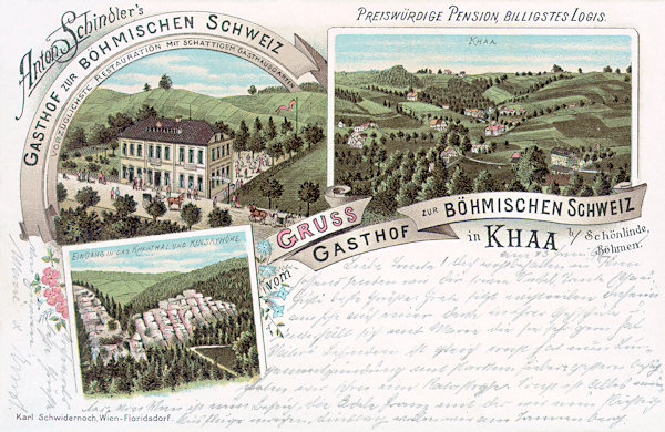 Tato pohlednice z roku 1897 představuje bývalý hostinec „U Českého Švýcarska“, jehož majitelem byl tehdy Anton Schindler. Vedle hostince vidíme osadu Kyjov a dolní obrázek zachycuje vstup do romantického Kyjovského údolí.