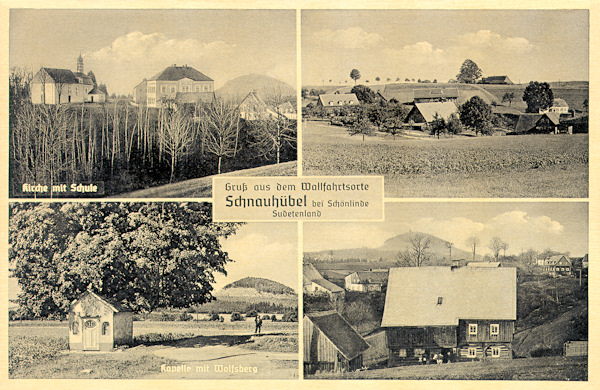On this picture postcard except of two views of the village Sněžná (right) the hill bearing the pilgrimage church of Our Lady of the Snows and the former schoolhouse (upper left) are shown. On the picture in the lower left part there is the chapel St. Trinity standing at the road over the village. In most of the pictures the prominent Vlčí hora-hill is seen in the background.