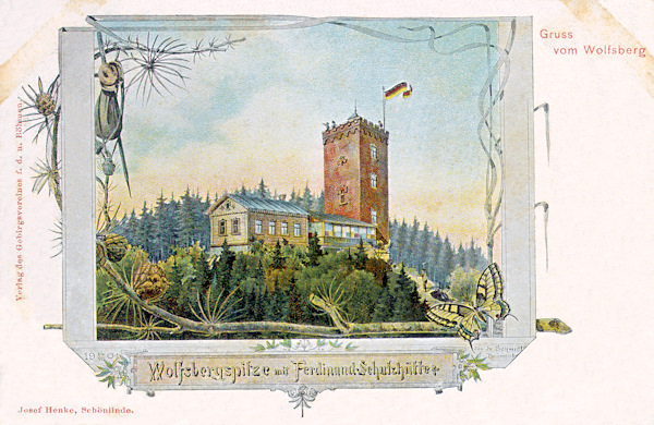 Pohlednice z počátku 20. století zachycuje rozhlednu na Vlčí hoře s Ferdinandovou chatou. Věž zde má ještě původní otevřenou vyhlídkovou plošinu s cimbuřím.