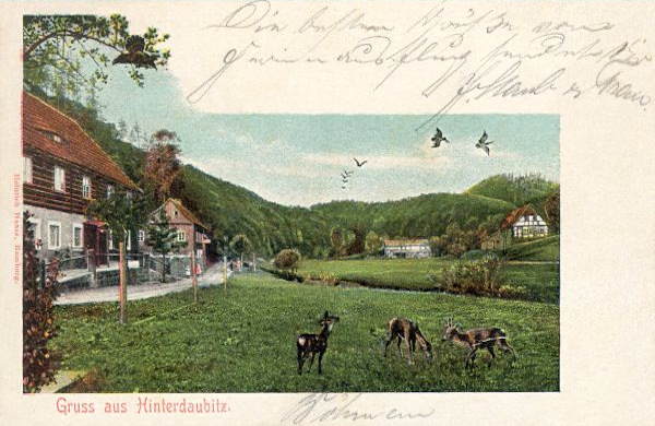 Na pohlednici z roku 1916 vidíme v popředí domky bývalé osady Zadní Doubice. V roce 1950 byla osada zbořena a z domků dnes zůstaly už jenom zbytky základů. V pozadí stojící domy jsou již v Německu.