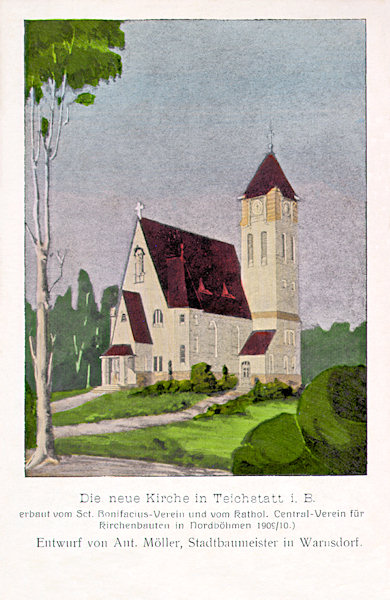 Diese Ansichtskarte von 1910 zeigt eine Ansicht des vom Warnsdorfer Baumeister Anton Möller ausgearbeiteten Projektes der St. Josephs-Kirche. Der Bau der Kirche wurde zwei Jahre später abgeschlossen.