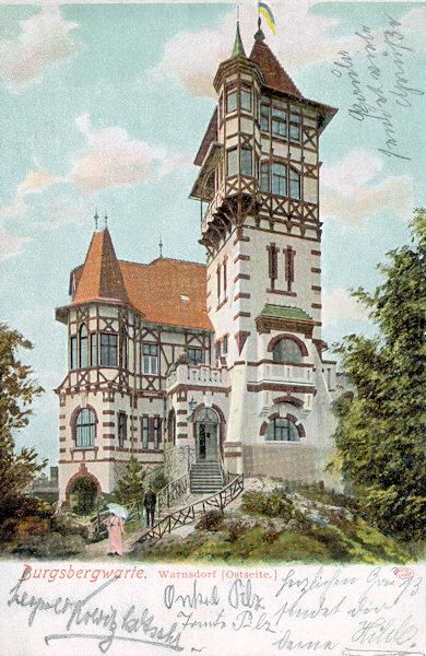This picture postcard shows the magnificent excursion restaurant with its lookout-tower a short time after its solemn opening on May 15, 1904. This new dominant of Varnsdorf soon became a very popular goal of walks and also a frequent place for different cultural and social activities.