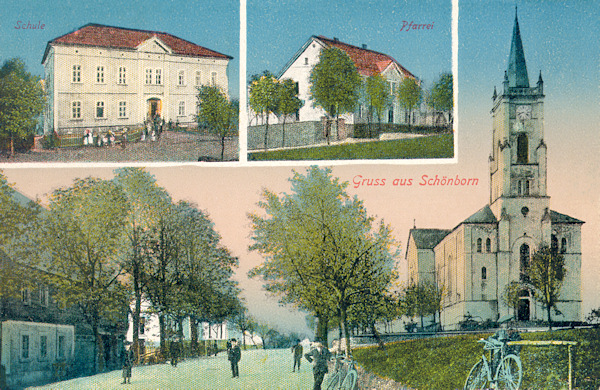 Diese Ansichtskarte zeigt das Gemeindezentrum mit der 1869-1872 erbauten pseudoromanischen Kirche des hl. Franz. Seraph. In den kleinen Bildern oben sieht man die 1869 erbaute Schule und die ehemalige Pfarre.
