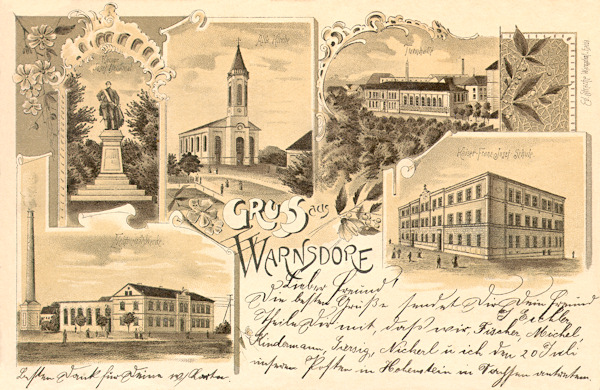 On this picture postcard from the end of the 19th century in the upper part there is the former monument of Emperor Joseph II in the Poštovní ulice-street, the Old Catholic Transformation church and the gymnasium. Below it on the right there is the former Emperor Franz Joseph I.-school at the town square and on the lower left we see the old power station.
