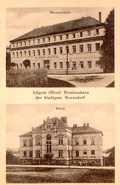 This picture postcard shows the objects of the former St. Joseph hospital in the Nemocniční ulice-street. On the top is the main building of the hospital, below the its ophthalmic clinic. Later both the buildings were used as barracks.