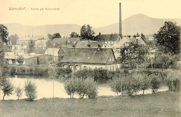 Diese Ansichtskarte zeigt die Häuser am Kočka-Zeich (Katzenteich) am Ostrand der Stadt. Im Hintergrund ist die Silhuette der Lausche.