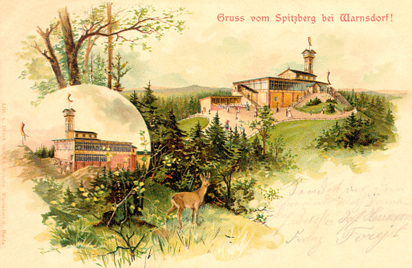 Na pohlednici z počátku 20. století vidíme první restauraci na Špičáku po rozšíření, které si vyžádal mimořádný zájem návštěvníků. Chata ale sloužila jen do 26. listopadu 1905, protože následující noci zcela vyhořela.