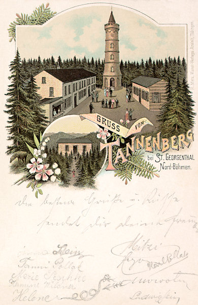 Diese Ansichtskarte aus dem Jahre 1898 zeigt den Aussichtsturm und die Gaststätte auf dem Gipfel des Jedlová-Berges (Tannenberg). Das rechts anschliessende kleinere Gebäude des Speisesaales steht heute nicht mehr.