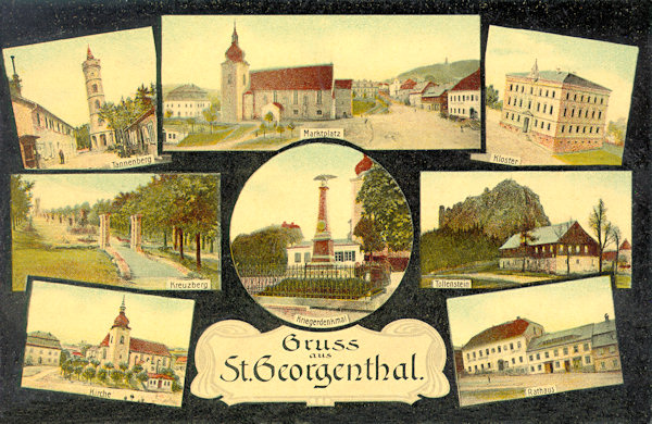 This picture postcard from 1907 shows all the important sights of Jiřetín and its surroundings. In the upper centre is the town square with the church, on the left side from above down the lookout tower at the top of the Jedlová-hill, the place of pilgrimage at the Křížová hora and the Trinity-church of Jiřetín. On the right side is the building of the convent, the ruins of the Tolštejn castle and the already demolished houses including the town-hall at the western side of the market square. In the middle of the card is the war memorial which after World War II had been demolished.