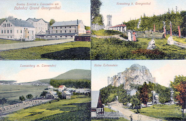 In this picture postcard from 1913 especially fascinates the then Ermlich's dance salon at the railway station of Jiřetín looking more as a factory than as a cultural facility. On the picture below there is the village Jedlová with the hill having the same name in the background, to the right the place of pilgrimage at the Křížová hora and the rock cliff with the ruins of the Tolštejn castle.