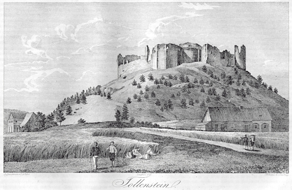 Diese romantische Zeichnung aus der ersten Hälfte des 19. Jahrhunderts mit den Ruinen der Burg Tolštejn (Tollenstein) vom Norden.