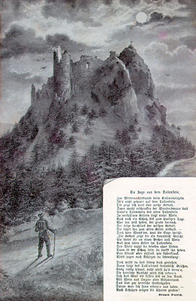 Eine nicht datierte Ansichtskarte der romantischen Ruine der Burg Tolštejn (Tollenstein). In der unteren Ecke ist eine der Sagen über den Tollenstein abgebildet.
