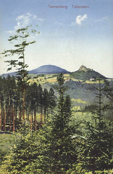 Auf dieser Ansichtskarte sieht man die Ruine des Tolensteins mit dem Jedlová (Tannenberg) im Hintergrund, aufgenommen vom Hang der Finkenkoppe.