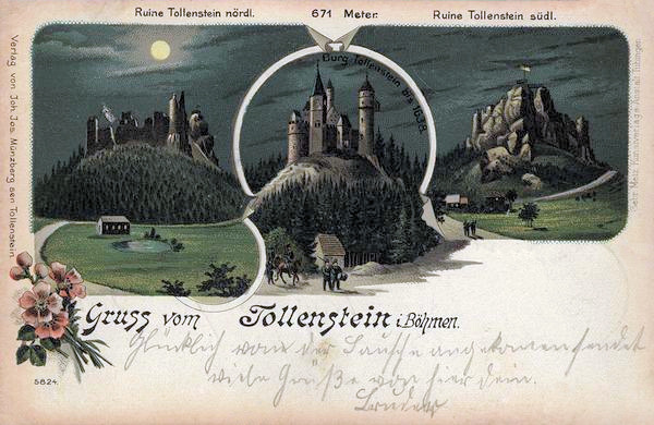 Diese romantisch gestimmte Ansichtskarte stellt die Burg Tolštejn (Tolenstein) und ihre Ruine in der Nacht dar.