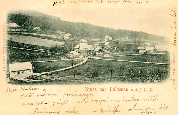 Auf dieser Ansichtskarte von Dolní Falknov (Nieder-Falkenau) sieht man in der Mitter das Dorfgericht mit der Gaststätte „Zum weissen Lamm“, das nach seinen Besitzern auch „Zippehaus“ genannt wurde.