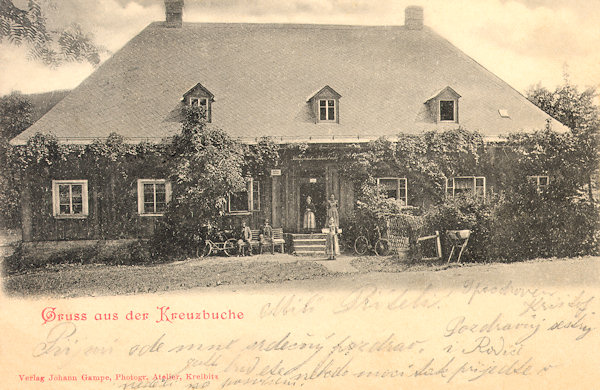 This picture postcard shows the inn in the saddle U Křížového buku yet in its older lookout with a smaller number of windows.