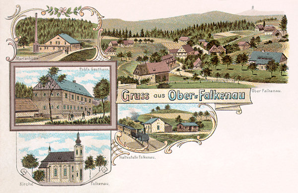 This lithography from about 1900 shows on the right the village Horní Falknov and under it the railway stop of Kytlice. On the pictures to the left you see the glass factory „Marienhütte“, Pohl' inn and the church of St. Anthony of Padua.