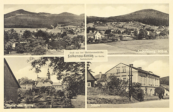 Na pohlednici z konce 30. let 20. století jsou dva celkové pohledy na obec, dole vidíme střed Kytlic s kostelem a budovu školy z roku 1883.