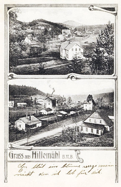 Tato pohlednice ze 20. let 20. století zachycuje střed osady se sklářskou hutí Tereza (nahoře) a nádraží s bývalým hostincem „Modrá hvězda“ v popředí (dole).