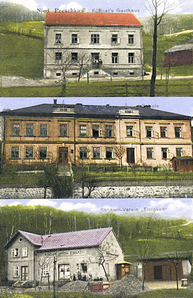 Na této pohlednici nahoře vidíme bývalý Kühnelův hostinec „Zum Schieferberg“, jehož budova dodnes stojí v dolní části osady. Uprostřed je budova školy na křižovatce a dole bývalá prodejna českokamenického dělnického konzumního spolku „Einigkeit“ (Jednota), která je dnes přestavěná na rodinný dům.