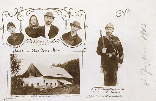 Tato kuriozní pohlednice připomíná vraždu Eduarda Vatera, k níž v obci došlo 3. června 1903. Dole je dům, v němž k vraždě došlo, nahoře vidíme portréty vraha Josefa Richtera s rodinou a vpravo je četník Wenzel Patzelt, který vraha hned druhý den po činu zadržel.